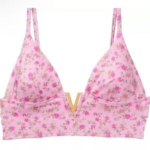 New! Victoria’s Secret Swim Gold Pink Floral V-Hardware Bikini Top 4606